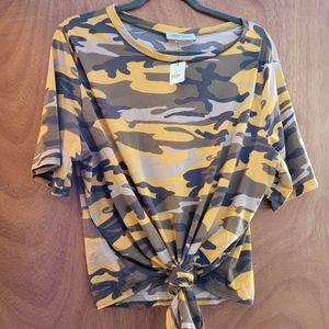 Yellow camo tie tee runs small